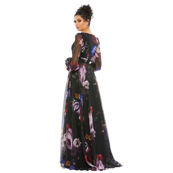 Mac Duggal NWT Long Sleeve Floral Chiffon Gown in Black Multi Size 8